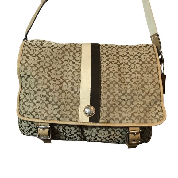 Coach mMessenger Bag Textile Monogram Crossbody Strap Tan READ DAMAGE - Picture 7 of 16